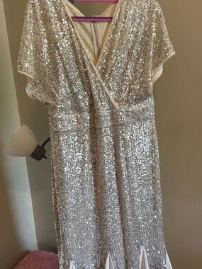 R & M Richards Silver Sequin Wrap-Style Girls Dress